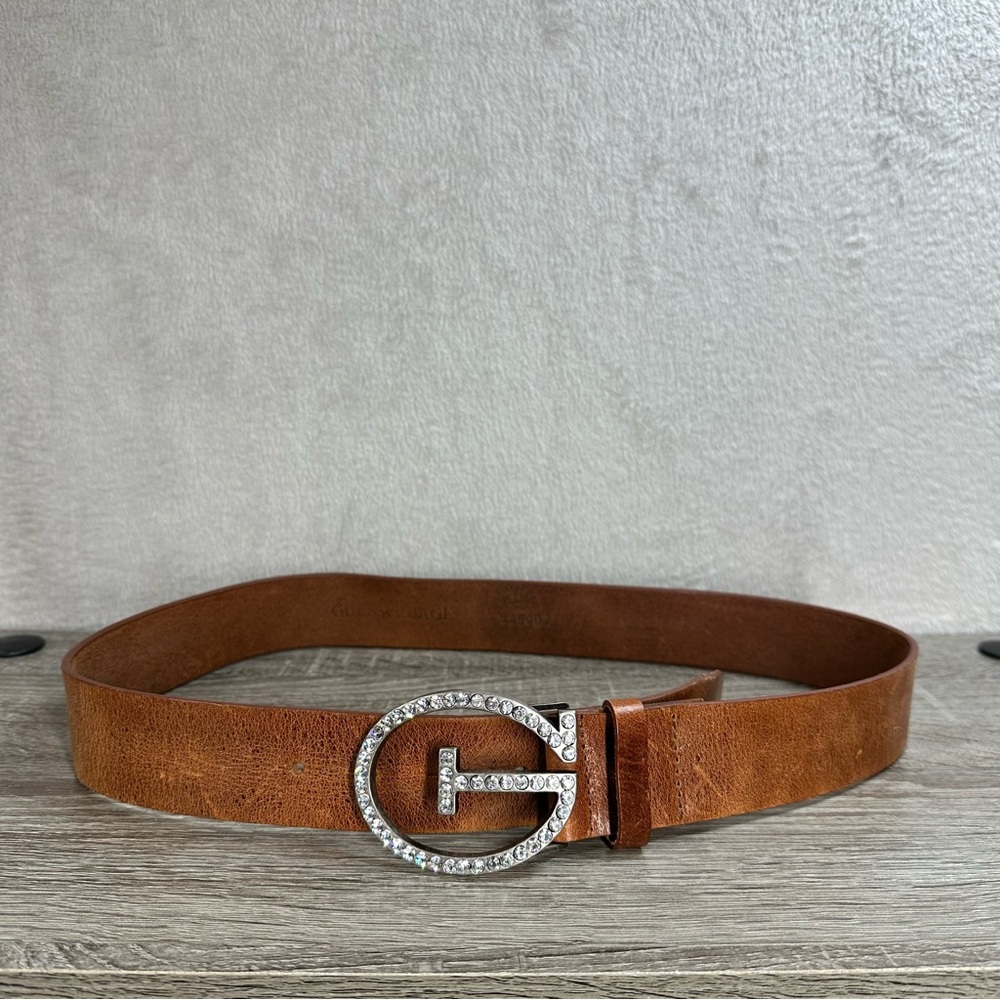 Guess Brown Leather Belt with Rhinestone G Buckle